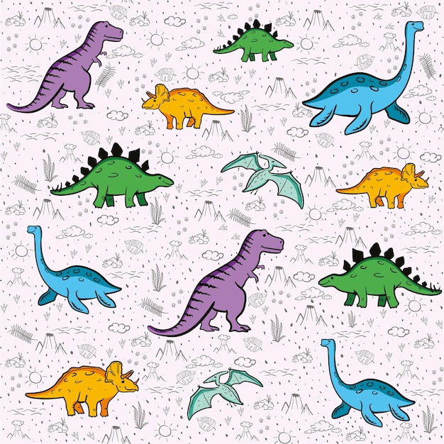 Patrón sin costuras de dinosaurios Dino de dibujos animados divertidos