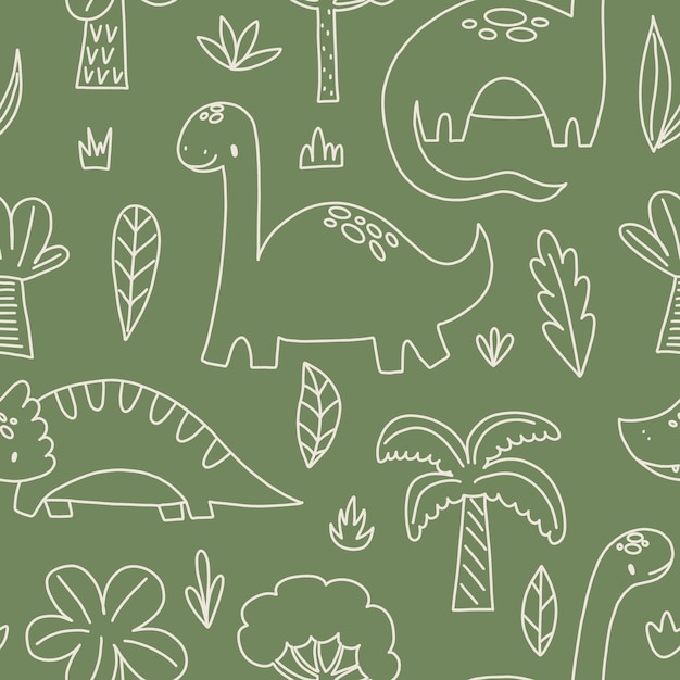 Patrón sin costuras con dinosaurios divertidos y plantas tropicales Garabatos vectoriales dibujados a mano para niñas niños niños Patrón infantil dibujado a mano para tela de camisa de ropa de moda