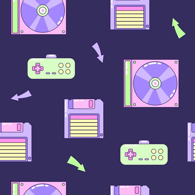 Patrón sin costuras con disquete y gamepad elementos multicolores en fondo oscuro retro