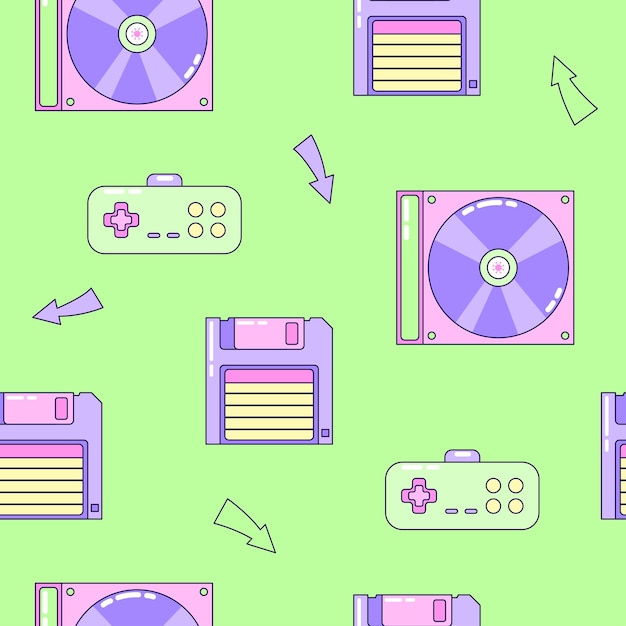 Patrón sin costuras con disquete y gamepad Elementos multicolores en fondo verde Ilustración retro con contorno al estilo de los años 90 Ilustración vectorial