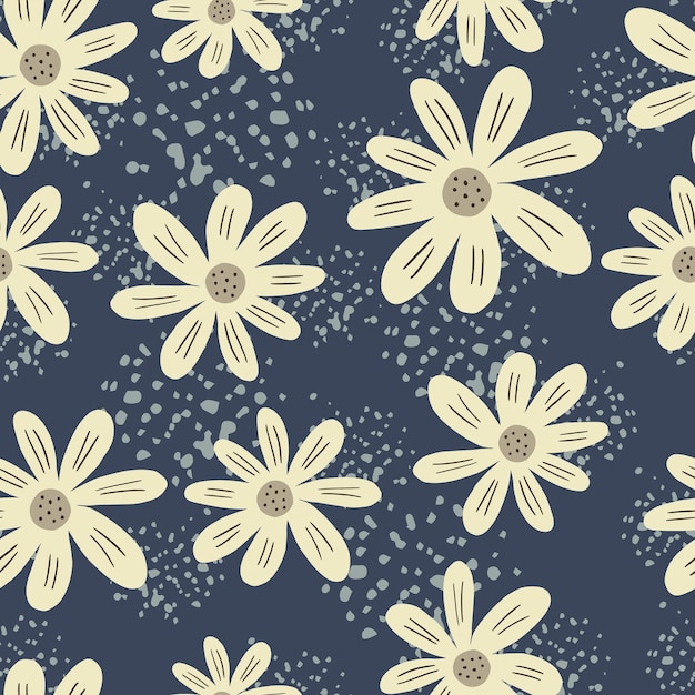 Patrón sin costuras ditsy aleatorio sobre fondo de bienvenida. Impresión de manzanilla Doodle. Adorno floral geométrico. Telón de fondo botánico. Diseño para tela, estampado textil, superficie, envoltura, funda.