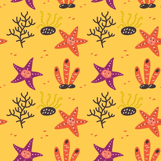 Patrón sin costuras divertida estrella de mar coral doodle dibujado a mano vivero bebé estilo escandinavo niños papel de tela textil digital