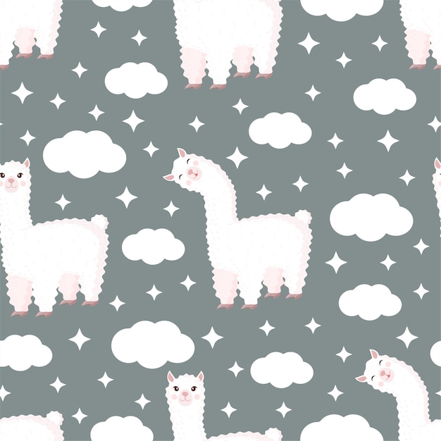 Patrón sin costuras con divertidas nubes de llama y estrellas sobre un fondo gris Ilustración vectorial adecuada