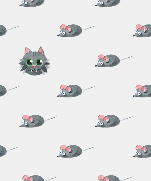 Patrón sin costuras con divertidos gatos negros y ratones textura creativa para niños escandinavos ilustraciones de acuarela sobre un fondo gris para telas textiles web fondos de pantalla estampados de embalaje