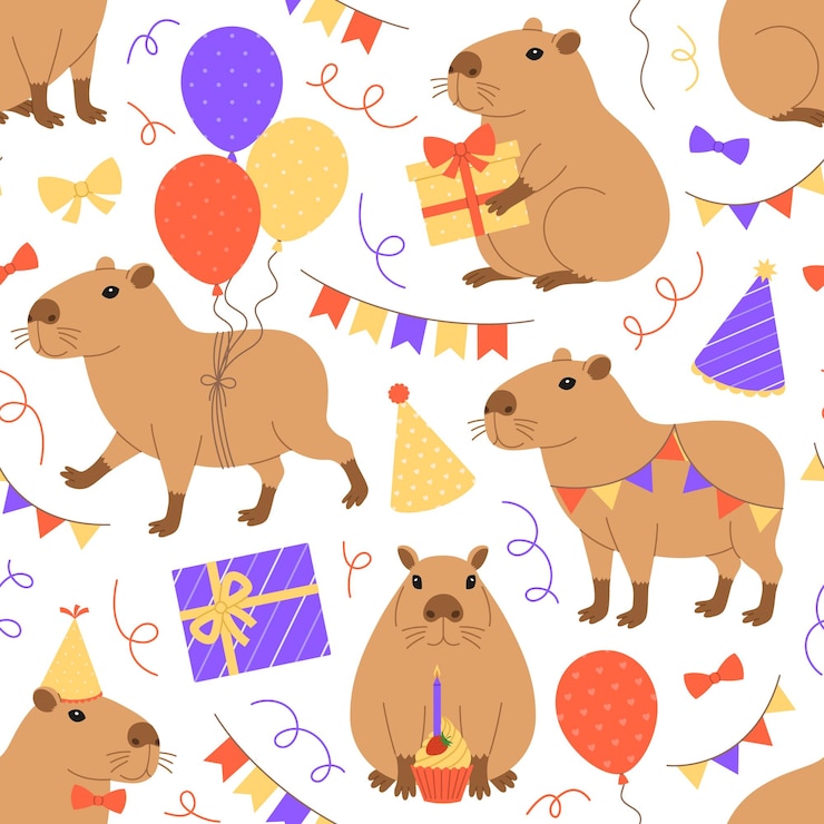 Vector patrón sin costuras con divertidos regalos festivos de capybaras globos sombreros de fiesta guirnaldas arcos y pasteles