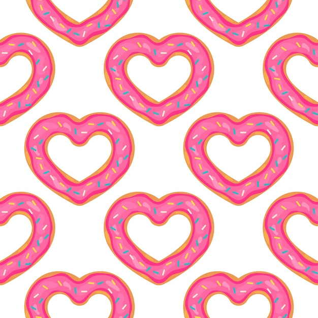 Patrón sin costuras de donut de corazón Donuts de dibujos animados lindos con glaseado rosa sobre fondo blanco Plantilla de vector de telón de fondo del día de San Valentín para tarjeta de felicitación tela paquete de regalo papel de regalo, etc.