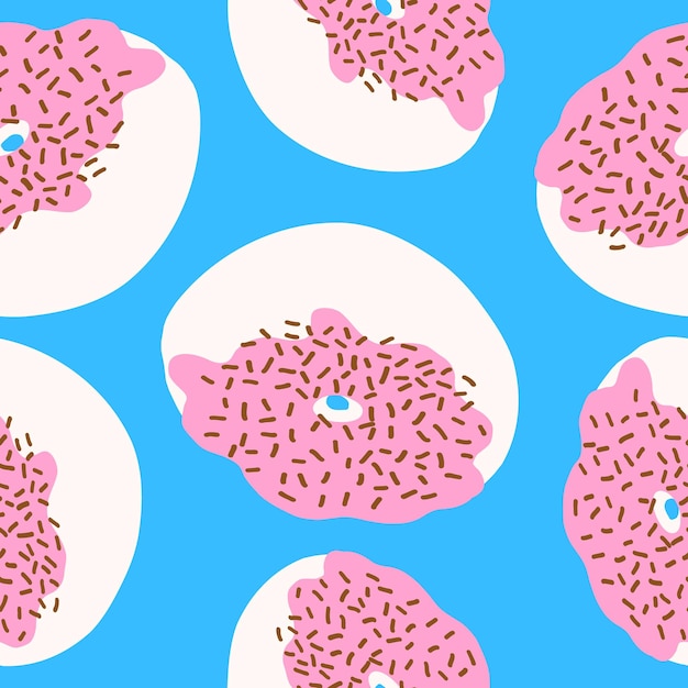 Patrón sin costuras de donuts Chocolate rocía crema rosa y base blanca en estilo plano de dibujos animados