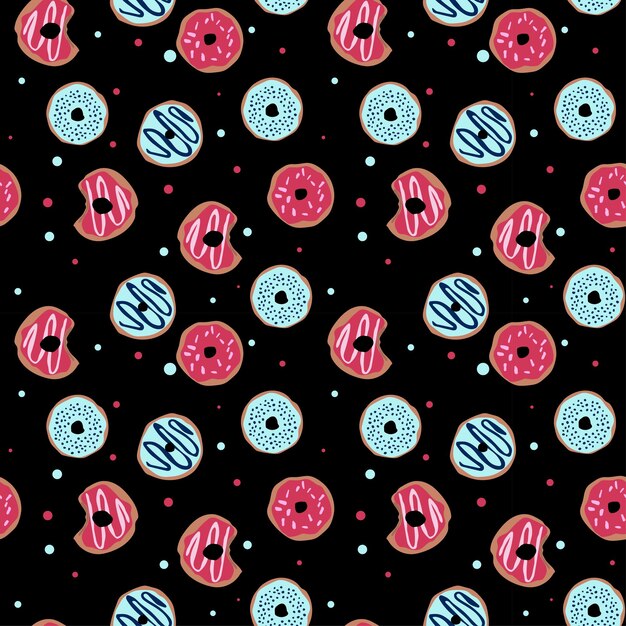 Patrón sin costuras con donuts glaseados Patrón jugoso brillante sobre un fondo negro