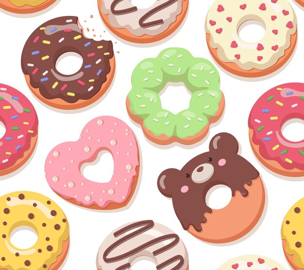 Patrón sin costuras con donuts en vector de esmalte Elemento de diseño repetitivo para imprimir en tela Panadería y productos dulces caseros Postre y delicadeza comida rápida Dibujos animados ilustración plana