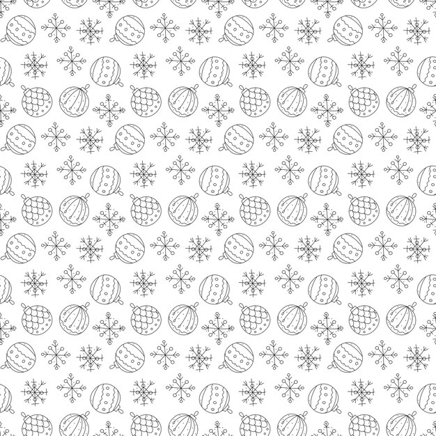 Patrón sin costuras de Doodle con bolas de árbol de Navidad y copos de nieve Ilustración de contorno negro