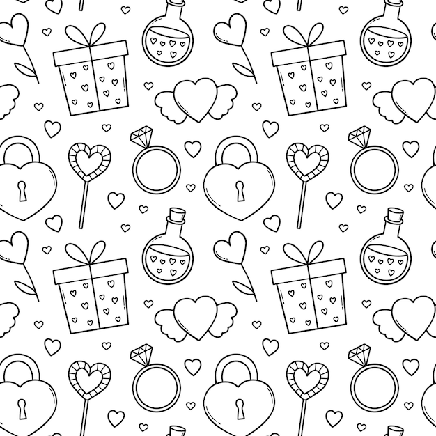 Patrón sin costuras del doodle del día de San Valentín establece elementos de amor en el estilo de boceto Ilustración de vector dibujado a mano