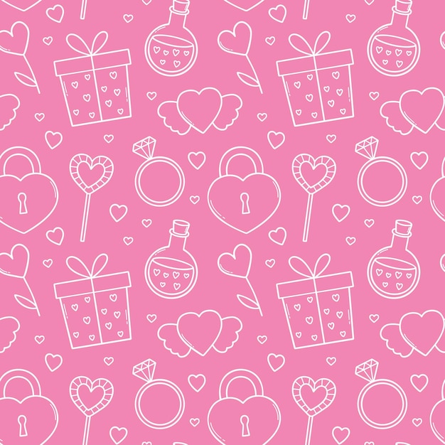 Patrón sin costuras del doodle del día de San Valentín establece elementos de amor en estilo boceto