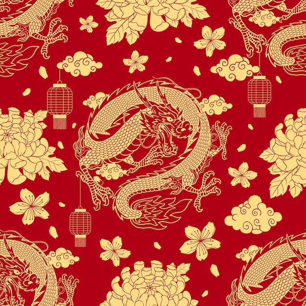 Vector patrón sin costuras de dragón dorado con flor de crisantemo y elemento asiático