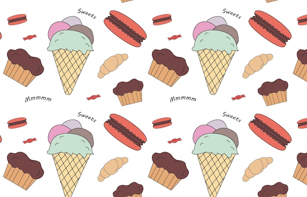 patrón sin costuras con dulces de panadería ilustración vectorial galletas de helado macarrones café donu