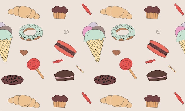 patrón sin costuras con dulces de panadería Ilustración vectorial galletas de helado macarrones
