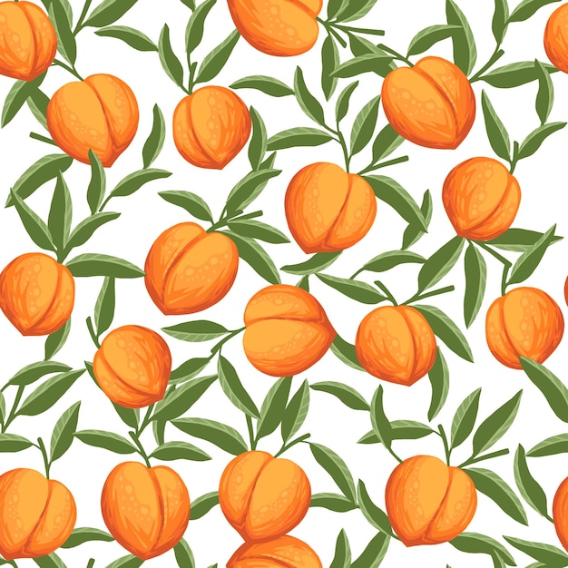 Patrón sin costuras de duraznos enteros con hojas verdes ilustración vectorial plana sobre fondo blanco