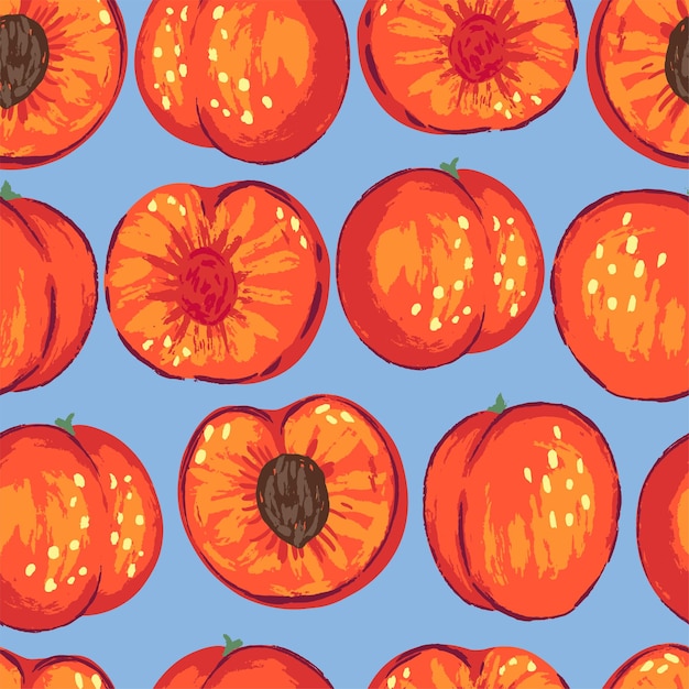 Patrón sin costuras de duraznos en estilo moderno Ilustración vectorial de frutas frescas y sabrosas Adorno contemporáneo brillante Diseño para decoración papel tapiz fondo textil