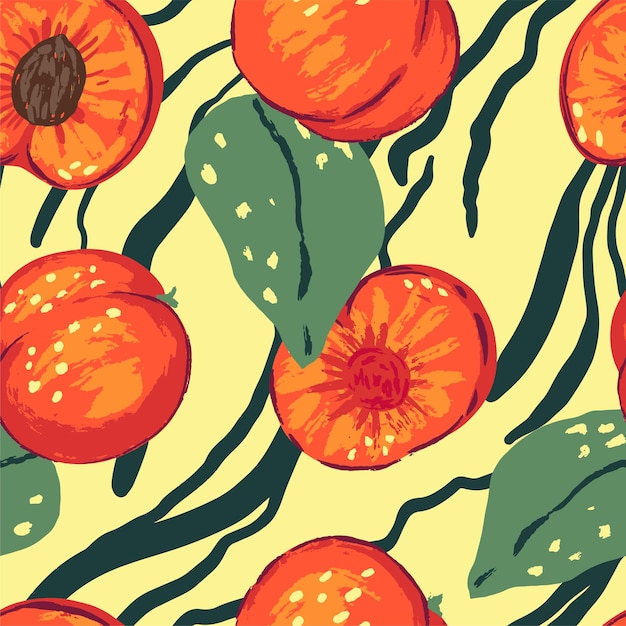 Patrón sin costuras de duraznos en estilo moderno Ilustración vectorial de frutas frescas y sabrosas con hojas Adorno contemporáneo brillante Diseño para decoración papel tapiz fondo textil