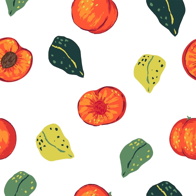 Patrón sin costuras de duraznos en estilo moderno Ilustración vectorial de frutas frescas y sabrosas con hojas Adorno contemporáneo brillante Diseño para decoración papel tapiz fondo textil