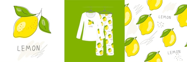 Patrón sin costuras e ilustraciones para niños niñas mujeres con cítricos limones hojas verdes sobre un fondo blanco Lindo pijama de diseñador