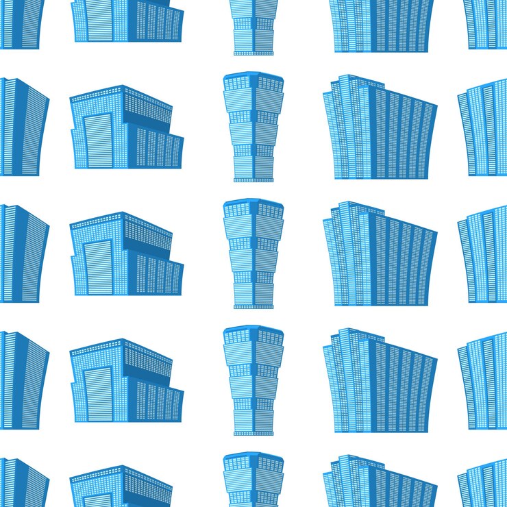 Vector patrón sin costuras con un edificio isométrico moderno sobre un fondo blanco vista del edificio desde la parte inferior ilustración vectorial