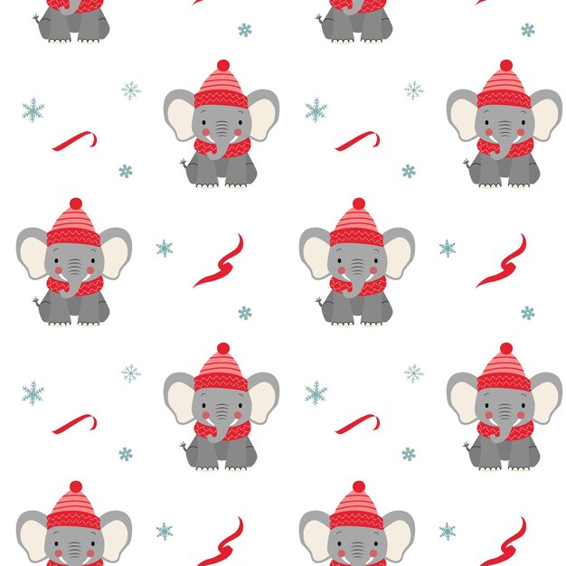 Patrón sin costuras con un elefante vestido de cálido y lindo telón de fondo de Navidad Animales de dibujos animados de invierno
