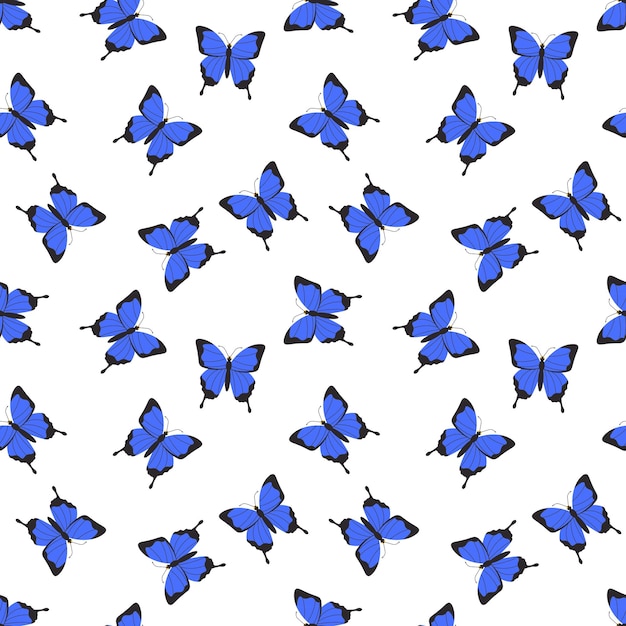 Patrón sin costuras de elegantes mariposas azules en un estilo plano