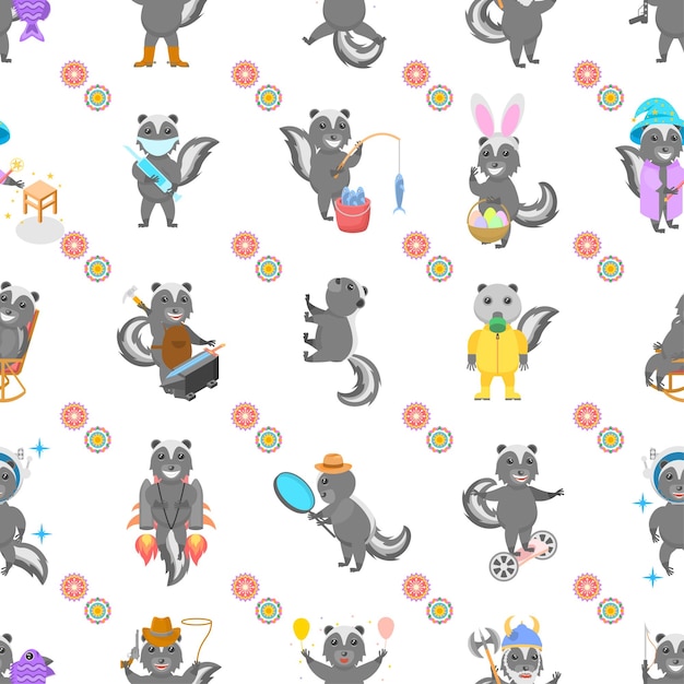 Patrón sin costuras Elementos abstractos Animal Skunk Vida silvestre Diseño vectorial Estilo Ilustración de fondo