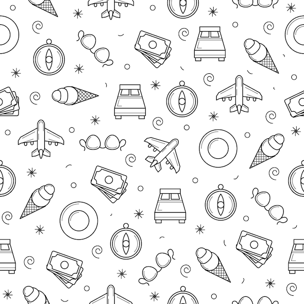 Patrón sin costuras Elementos abstractos Doodle Colección dibujada a mano Viajes Turismo Boceto Diseño vectorial