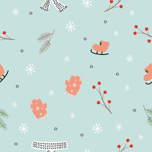 Patrón sin costuras con elementos acogedores de invierno Ilustración vectorial Color azul pastel Para textil
