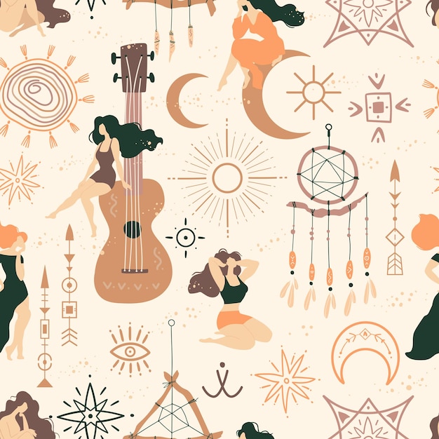 Vector patrón sin costuras con elementos boho y hermosas mujeres hippie espíritu gitano ilustración vectorial ideal para papel tapiz o papel de regalo