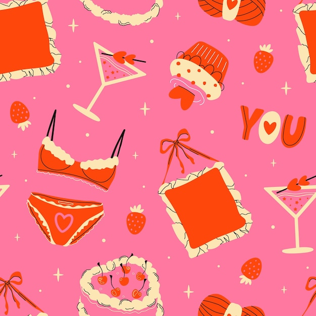 Patrón sin costuras con elementos brillantes para el Día de San Valentín Un conjunto con un sostén y una torta de bragas
