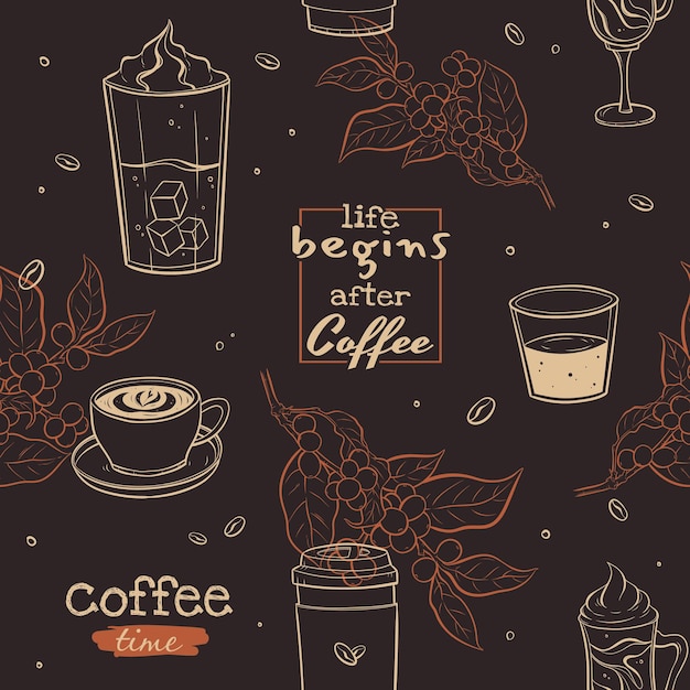 patrón sin costuras con elementos de café vectores dibujados a mano
