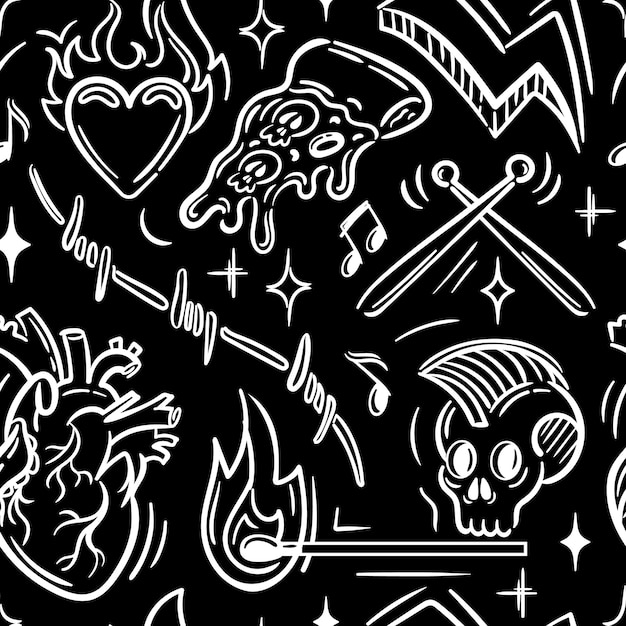 Patrón sin costuras con elementos de la cultura del hard rock que abarca una subcultura informal este