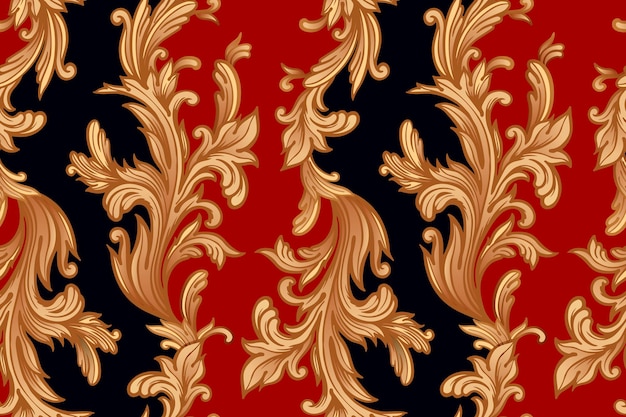 Patrón sin costuras con elementos de decoración barroca Estampado de lámina de oro negro y rojo Vector Vintage