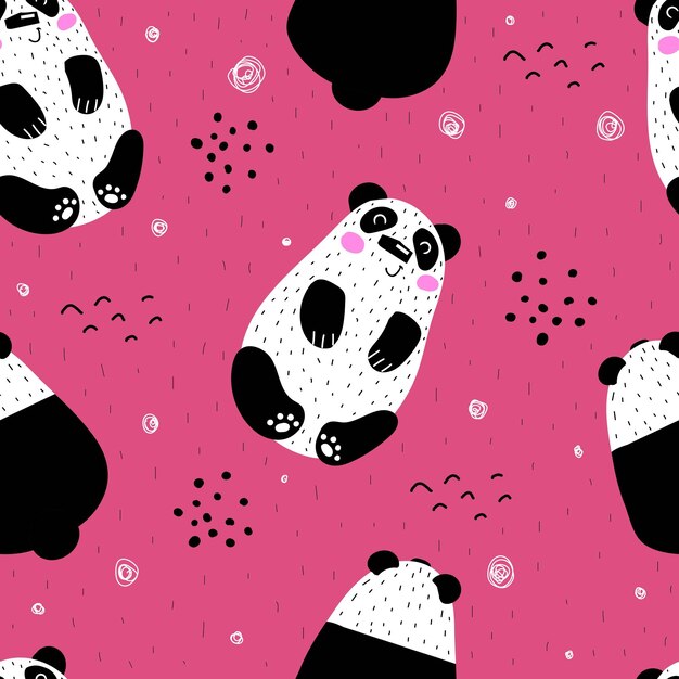 Patrón sin costuras con elementos de decoración de pandas de dibujos animados