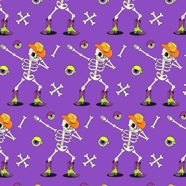 Patrón sin costuras para elementos de dibujos animados retro de Halloween y personaje esqueleto fresco Huesos y ojos