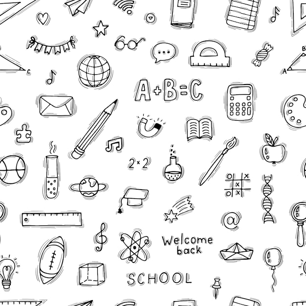 Patrón sin costuras con elementos escolares educativos dibujados a mano Colección de regreso a la escuela Bienvenido de vuelta