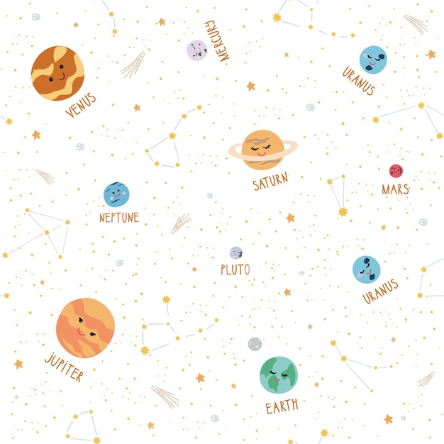 Vector patrón sin costuras con elementos espaciales dibujados a mano planetas espaciales estrellas planetas constelaciones