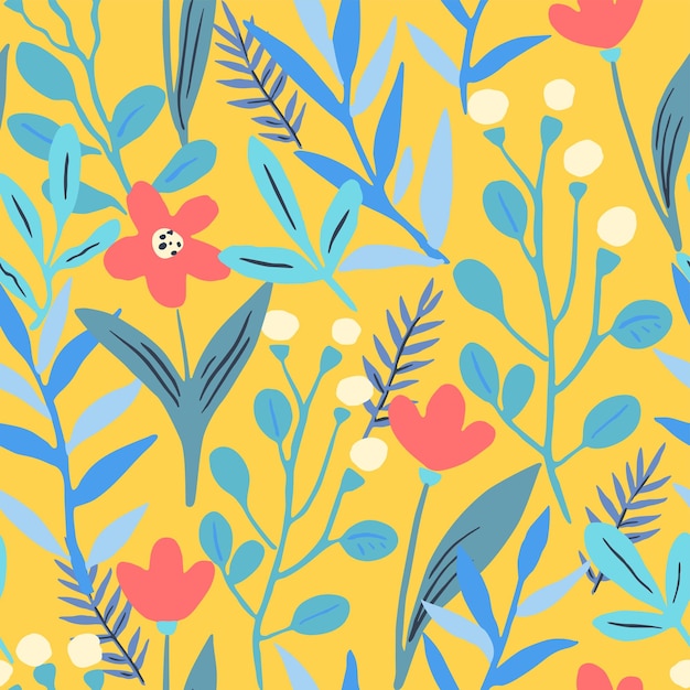 Patrón sin costuras con elementos florales garabateados Ilustración vectorial
