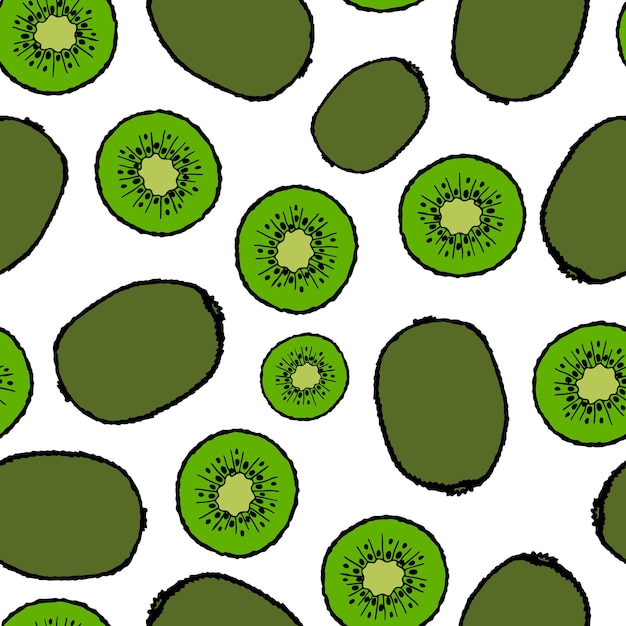 Patrón sin costuras con elementos de frutas dibujadas a mano kiwi. Papel pintado vegetariano. Para embalaje de diseño, textil, fondo, diseño de postales y afiches.
