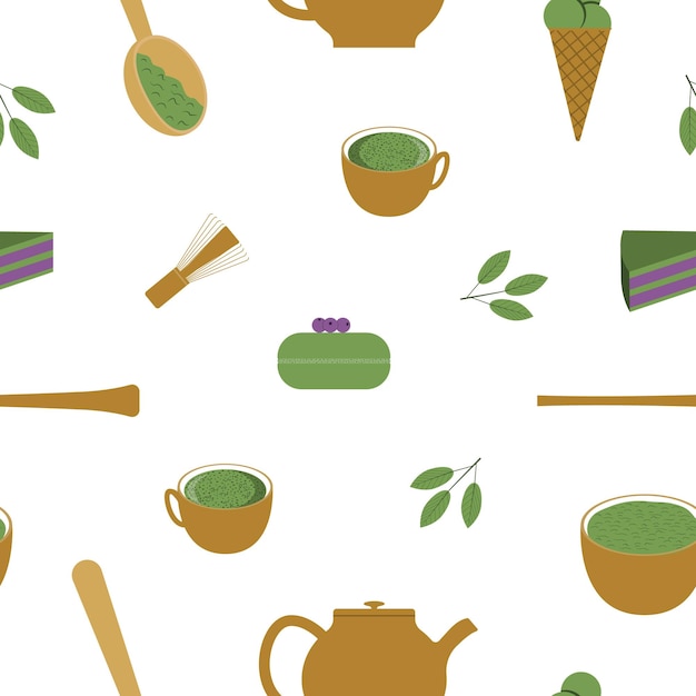 Patrón sin costuras con elementos para hacer té matcha y postres de matcha. estilo plano. Vector.