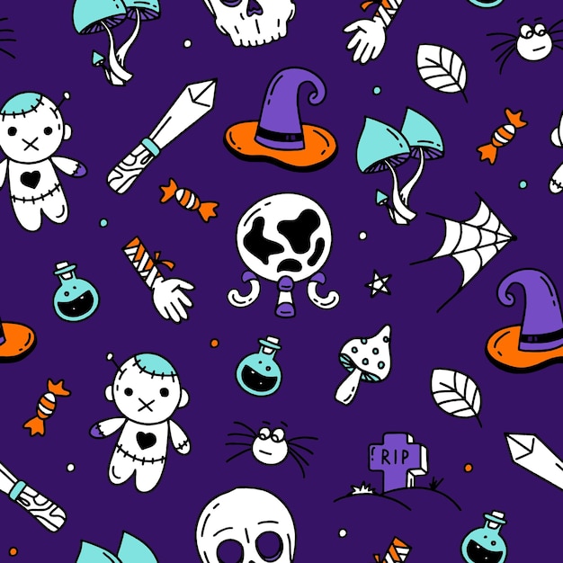 Patrón sin costuras con elementos de Halloween Ilustración de diseño de vector de estilo Doodle en púrpura