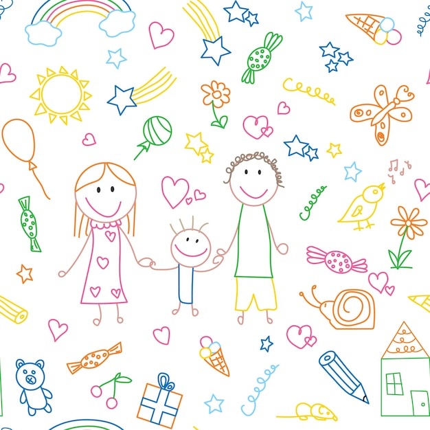 Patrón sin costuras de elementos infantiles Colorido garabato divertido con dibujos de niños Fondo de dibujos animados