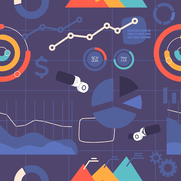 Patrón sin costuras con elementos infográficos como gráficos, gráficos, iconos e ilustraciones que crean un diseño visualmente atractivo e informativo adecuado para presentaciones y contenido digital.