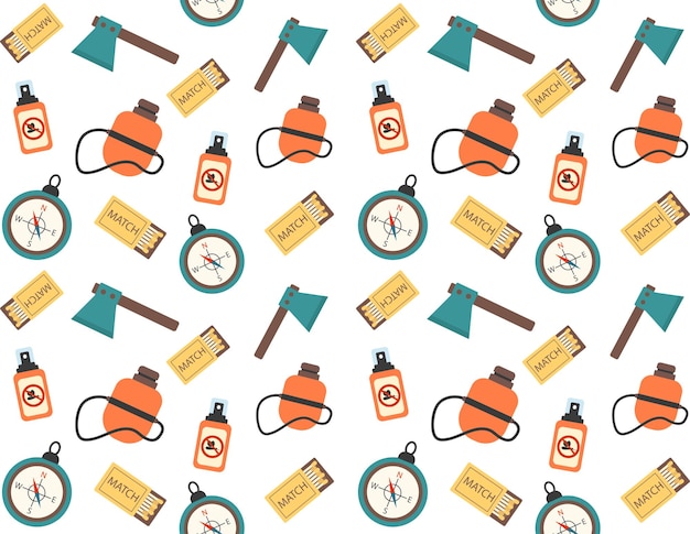 Patrón sin costuras con elementos para un kit de supervivencia de picnic hacha coincide con frasco brújula spray contra mosquitos