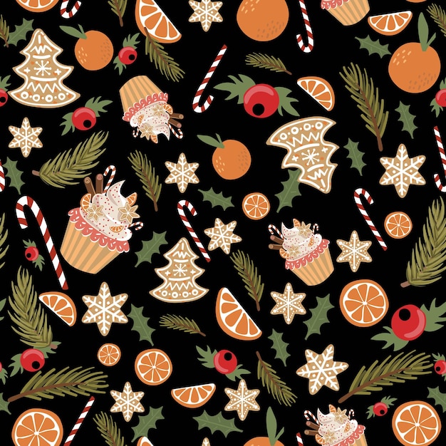 Patrón sin costuras con elementos navideños Ilustración vectorial en colores brillantes