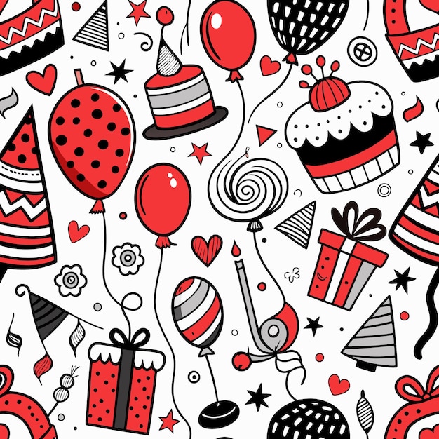 Patrón sin costuras con elementos rojos y negros de la fiesta de cumpleaños