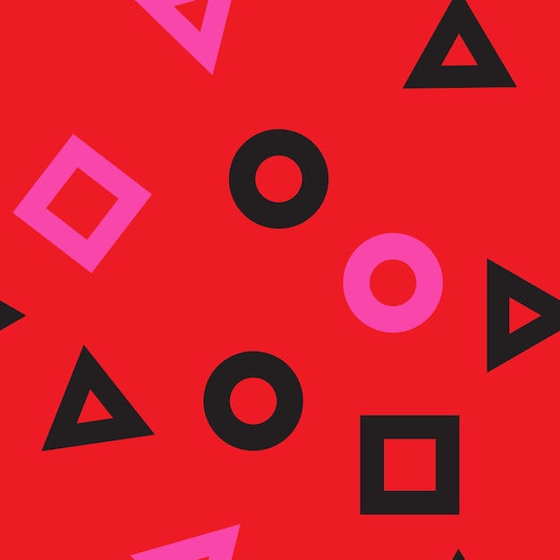 Patrón sin costuras con elementos de símbolo de Squid Game círculo cuadrado y triángulo sobre fondo rojo