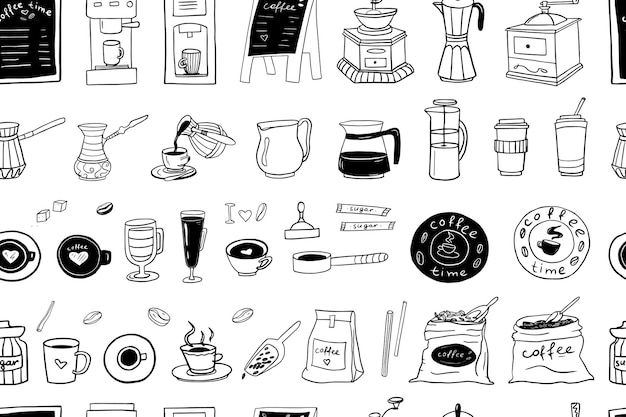 Patrón sin costuras de elementos temáticos de café dibujados a mano en estilo doodle Tiempo de café Máquina de café
